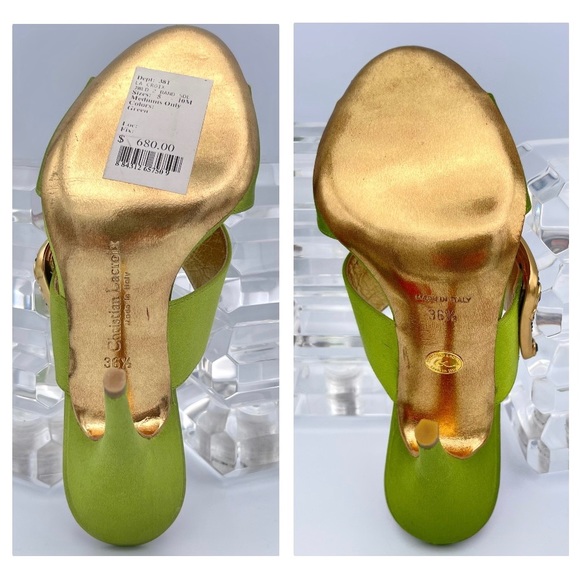 CHRISTIAN LACROIX ⚜️RARE NWT Green Satin Mule Stilettos Jeweled Gold Buckle 36.5 - Picture 10 of 15